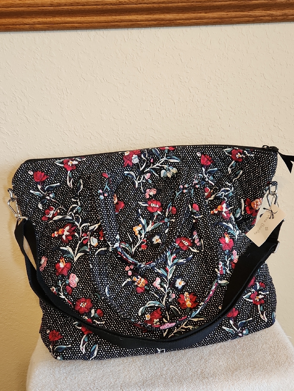 Vera Bradley Black Quilted Floral Slouchy Tote with Pink Accents